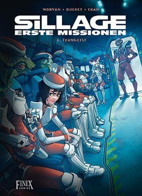 „Sillage: Erste Missionen - Teamgeist“. Illustration von Figuren in futuristischer Kleidung in einem Raumschiff.