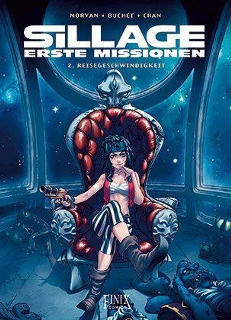 Text: "SILLAGE ERSTE MISSIONEN 2. REISEGESCHWINDIGKEIT". Illustration: Person in einem Thron, futuristische Umgebung.