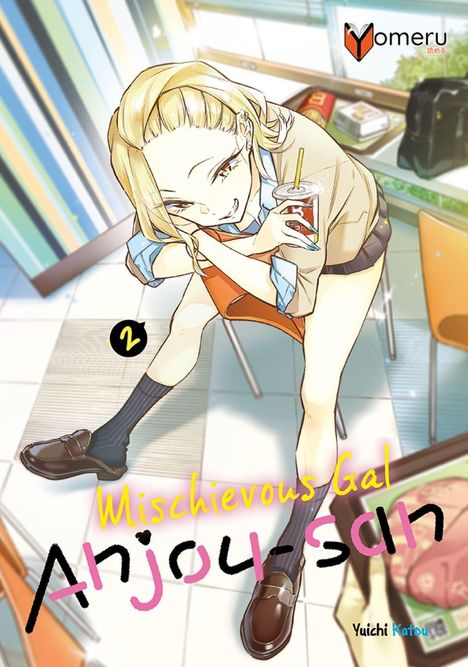Eine blonde Schülerin mit Lächeln lehnt sich vor, hält ein Getränk. Text: "Mischievous Gal Anjou-san". Logo oben rechts.
