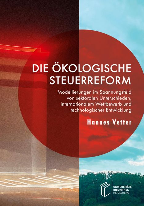„Die ökologische Steuerreform“, Hannes Vetter. Rot-blaues Design mit Bäumen und einem stilisierten Logo der Universitätsbibliothek.