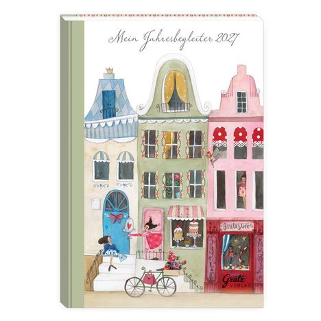 „Mein Jahresbegleiter 2024“ in handschriftlicher Schrift. Illustration mit bunten Stadthäusern und Fahrrad im Vordergrund.