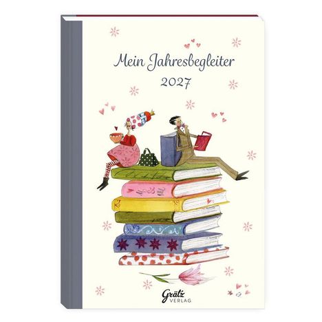 Mein Jahresbegleiter 2027. Illustration von Personen auf einem Bücherstapel sitzend, umgeben von Herzen und Blumen.