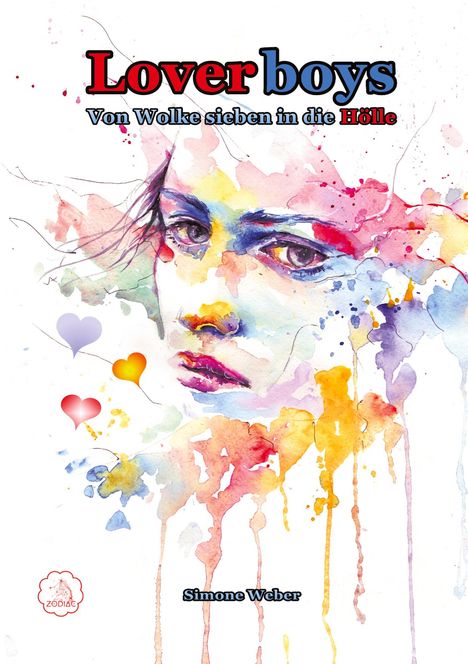 Texte: "Lover boys", "Von Wolke sieben in die Hölle", "Simone Weber". Aquarell eines nachdenklichen Gesichts mit bunten Farben.