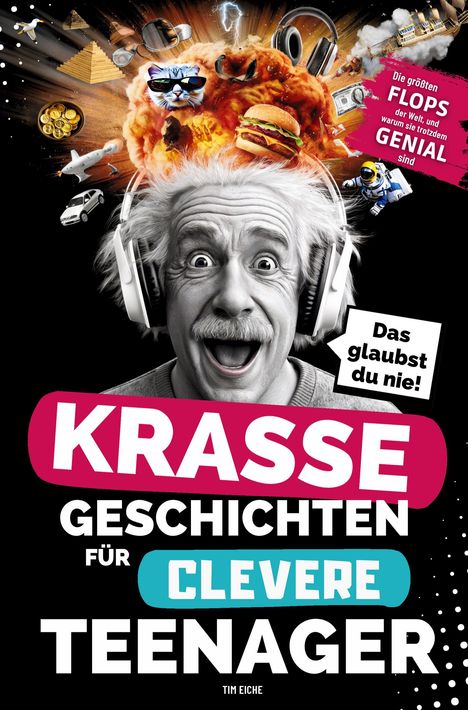 "Krasse Geschichten für clevere Teenager." Enthält das Gesicht eines Mannes mit Kopfhörern, umgeben von bunten, chaotischen Elementen.