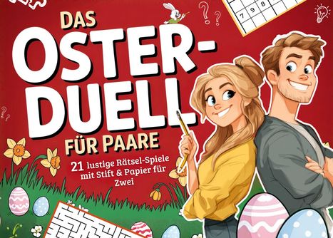 "Das Oster-Duell für Paare. 21 lustige Rätsel-Spiele mit Stift & Papier für Zwei." Zwei Personen lächeln, umgeben von Ostereiern und Blumen.