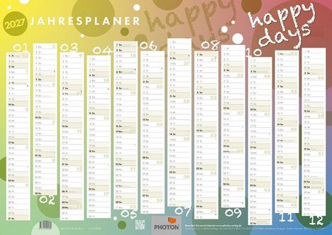 "2027 JAHRESPLANER" oben links, "happy days" mehrfach rechts. Kalender von Januar bis Dezember in Spalten.