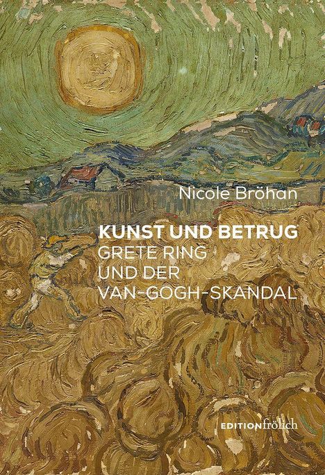 Text: "Kunst und Betrug: Grete Ring und der Van-Gogh-Skandal." Gemälde mit Wirbelmustern und Sonnenmotiv.