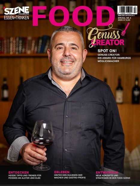Cover mit Texten: "FOOD", "Genuss Creator". Mann in schwarzem Hemd hält ein Weinglas, Hintergrund mit Weinflaschen.
