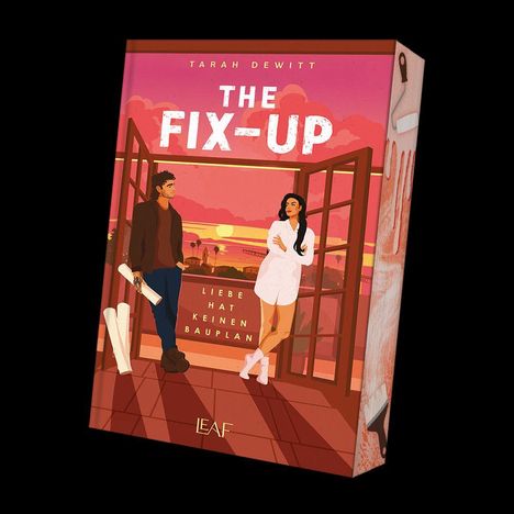 "THE FIX-UP" von Tarah Dewitt, "LIEBE HAT KEINEN BAUPLAN". Illustration: Ein Mann und eine Frau vor sonnigem Hintergrund.