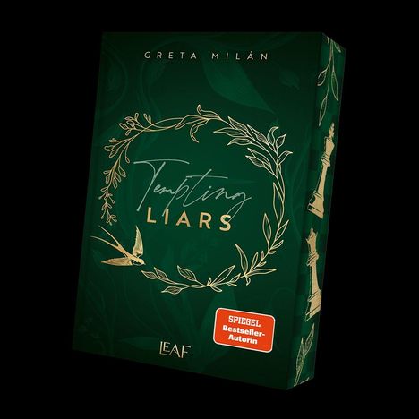 "Tempting Liars" von Greta Milán, SPIEGEL Bestseller-Autorin. Grüner Hintergrund mit goldenen Blätterranken und Vogel.
