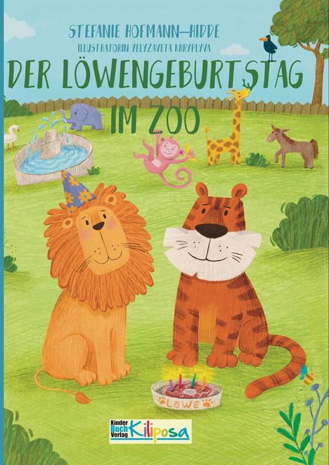 „Der Löwen Geburtstag im Zoo“ zeigt einen Löwen und Tiger mit Partyhüten, umgeben von illustrativen Zootieren.