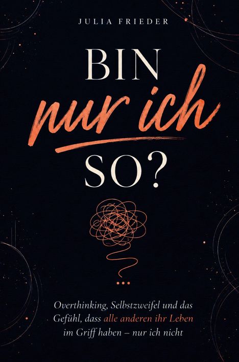 "Bin nur ich so? Overthinking, Selbstzweifel... im Griff haben – nur ich nicht." Dunkler Hintergrund, verschnörkelte Linien.