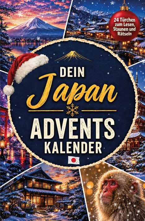 „Dein Japan Adventskalender“, „24 Türchen zum Lesen, Staunen und Rätseln“. Illustration mit winterlichen Japan-Motiven.