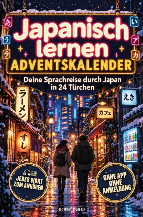 "Japanisch lernen ADVENTSKALENDER. Deine Sprachreise durch Japan in 24 Türchen. Winterliche Straßenszene, zwei Personen."