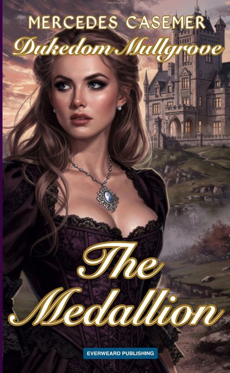 Titel: "Dukedom Mullgrove: The Medallion". Frau in violettem Kleid vor einem Schloss, im Hintergrund eine Abendlandschaft.