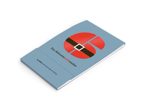 "Der Adventszahlender" auf blauem Hintergrund. Illustration: Roter Kreis mit schwarzem Gürtel, erinnert an Weihnachtsmann.