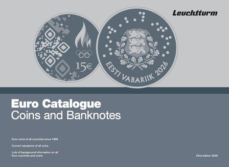 „Euro Catalogue: Coins and Banknotes“ oben links Münzen mit Mustern und „EESTI VABARIIK 2026“.