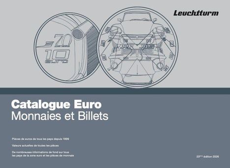 "Catalogue Euro Monnaies et Billets" beschreibt Münzen und Scheine, mit Zeichnungen von Münzdesigns, obere rechte Ecke: "Leuchtturm".