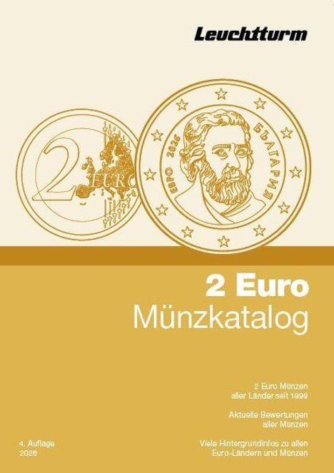 Text: Leuchtturm. 2 Euro Münzkatalog. 2 Euro Münzen aller Länder seit 1999. Illustration: zwei Euro-Münzen.