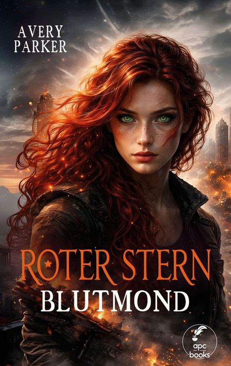 Avery Parker, Roter Stern Blutmond. Illustration einer Frau mit roten Haaren vor einer stürmischen, feurigen Kulisse.