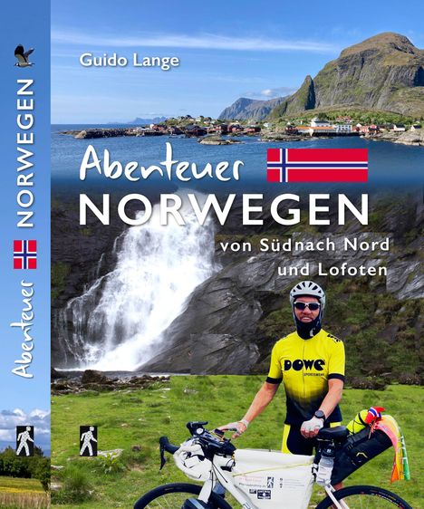 Abenteuer NORWEGEN von Süd nach Nord und Lofoten. Ein Fahrradfahrer vor Wasserfall und Bergen.