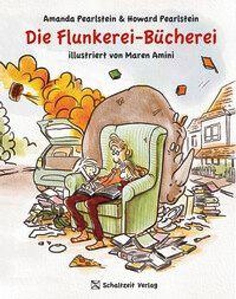Die Flunkerei-Bücherei. Zwei Personen lesen sitzend, umgeben von fliegenden Büchern, neben einem überfüllten Auto.