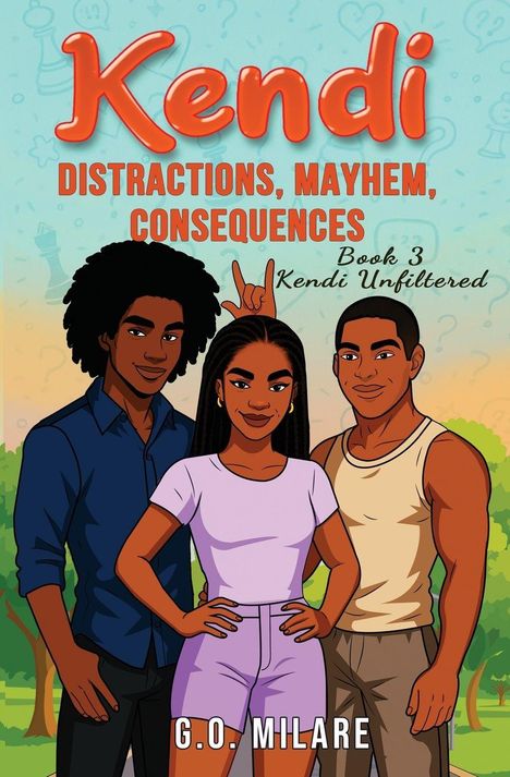 „Kendi: Distractions, Mayhem, Consequences“ Buch 3 Kendi Unfiltered. Drei Jugendliche stehen fröhlich zusammen.