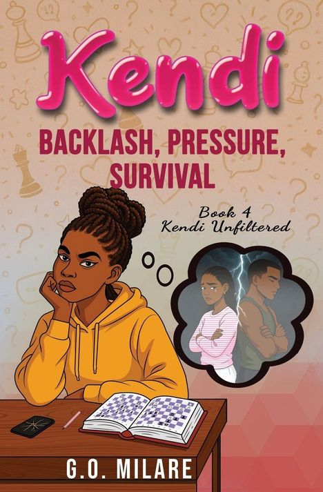 Logo mit Text "Kendi: Backlash, Pressure, Survival". Illustration: Nachdenkliches Mädchen, Traumblase mit Streit. Autor: G.O. Milare.
