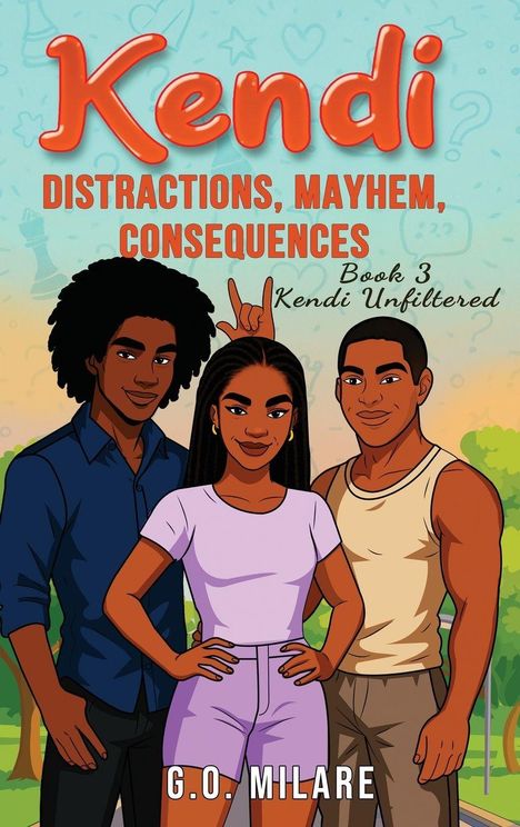 „Kendi: Distractions, Mayhem, Consequences, Book 3, Kendi Unfiltered“. Drei Personen posieren lächelnd.