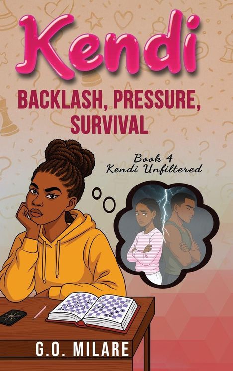 "Kendi: Backlash, Pressure, Survival. Book 4 Kendi Unfiltered. G.O. Milare. Illustration: nachdenkliches Mädchen am Schreibtisch."