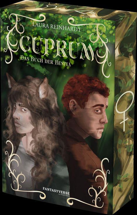 „Cuprum – Das Buch der Bestia“. Ein Mann und eine Frau mit Wolfsohren vor grünen, ornamentalen Blättern.