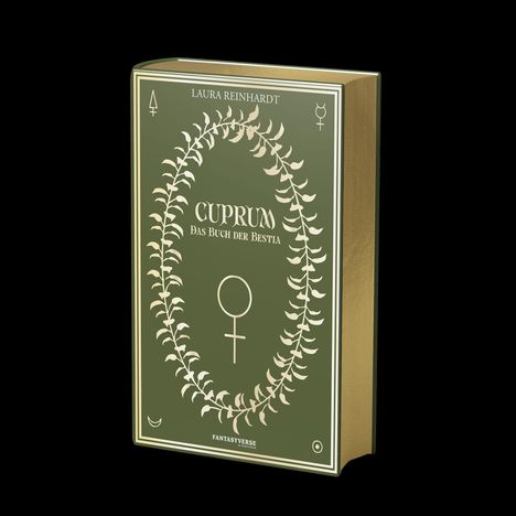 Ein Buch mit dem Titel "CUPRUM: Das Buch der Bestia" von Laura Reinhardt, umrahmt von symbolischen Verzierungen.