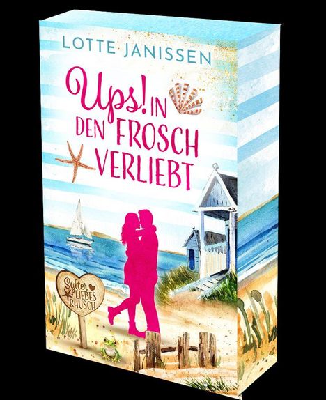 „Ups! In den Frosch verliebt“ von Lotte Janissen. Illustration: Paar am Strand, Muscheln, Seestern, Frosch, Segelboot.