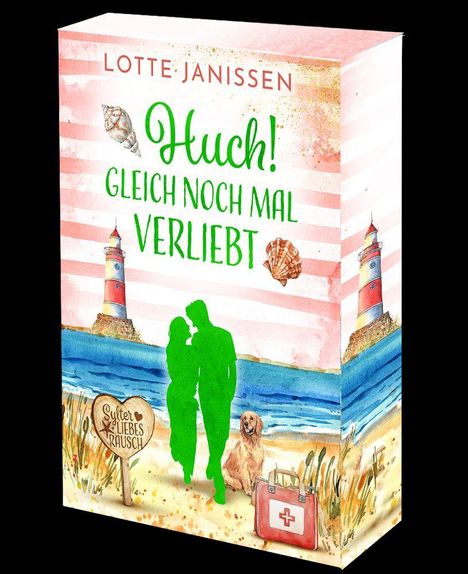Buchtitel: "Huch! Gleich noch mal verliebt". Illustration: Strand mit Leuchttürmen, Paar, Hund und Herz mit "Sylter Liebesrausch".