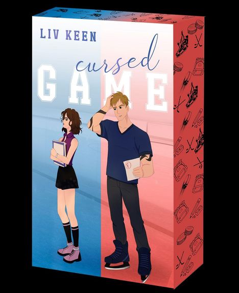 Text: "LIV KEEN, cursed GAME". Illustration: Eine Frau mit Büchern und ein Mann auf Schlittschuhen, blau-rot gesplitteter Hintergrund.