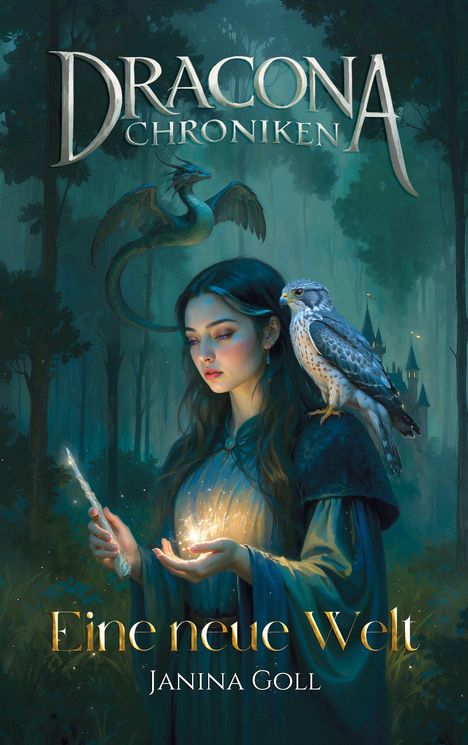 "Dracona Chroniken", "Eine neue Welt", "Janina Goll". Illustration: Frau mit Zauberstab, Falke, Drache im Wald. Mystische Atmosphäre.