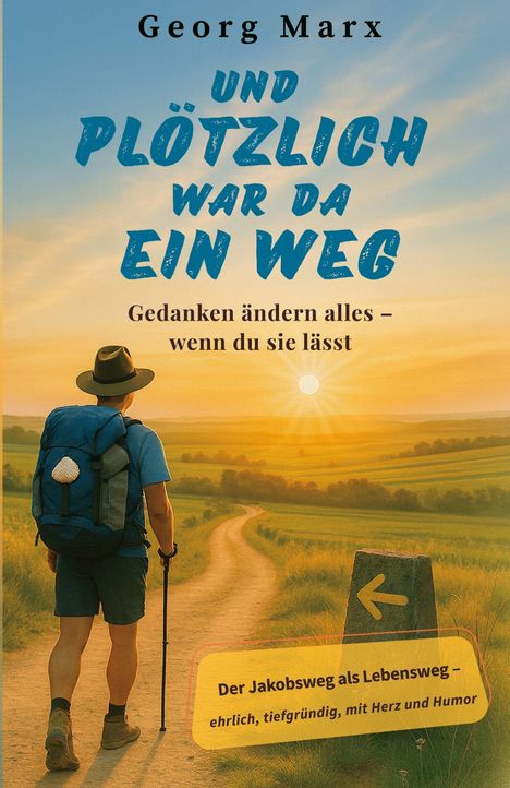 "Georg Marx - Und plötzlich war da ein Weg. Gedanken ändern alles – wenn du sie lässt. Der Jakobsweg als Lebensweg." Ein Wanderer folgt einem Pfad bei Sonnenuntergang.