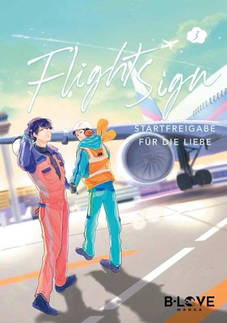 „Flightsign: Startfreigabe für die Liebe.” Zwei Figuren in Arbeitskleidung halten Hände vor einem Flugzeug.