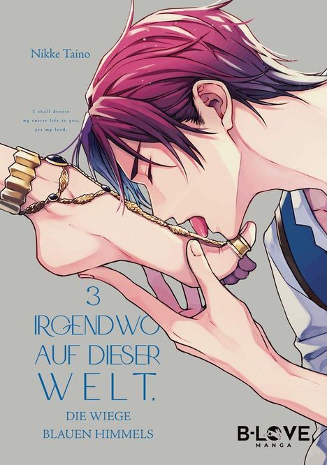 „3 Irgendwo auf dieser Welt. Die Wiege blauen Himmels“. Eine Illustration zeigt eine Person beim Kuss auf eine Hand.