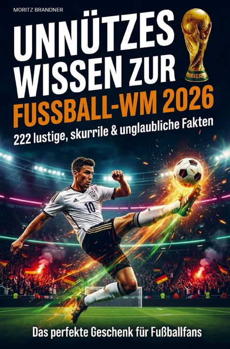 Titel: "Unnützes Wissen zur Fußball-WM 2026". Illustratorisches Cartoon eines Mannes mit Pokal, Fußball und Trikot im Stadion.