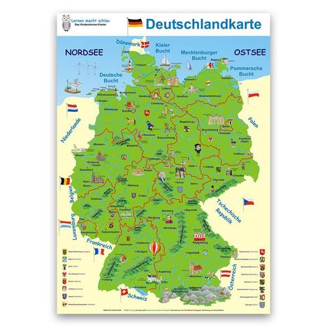 "Deutschlandkarte" oben in Blau, Länder und Städte markiert. Illustrative Karte mit Landesgrenzen und Sehenswürdigkeiten.
