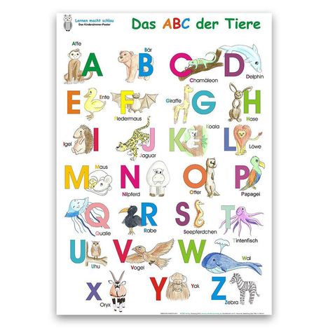 „Das ABC der Tiere“ mit Illustrationen von Tieren neben Buchstaben von A bis Z, z.B. Affe, Bär, Chamäleon.