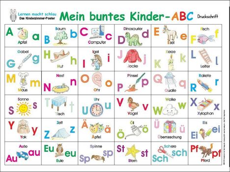 "Mein buntes Kinder-ABC, Druckschrift. A für Apfel, B für Baum, C für Computer, usw. Illustrationen verdeutlichen jedes Wort."