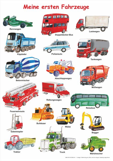 Titel: "Meine ersten Fahrzeuge". Illustrationen von verschiedenen Fahrzeugen mit Beschriftungen: Rennwagen, Doppeldecker-Bus, etc.