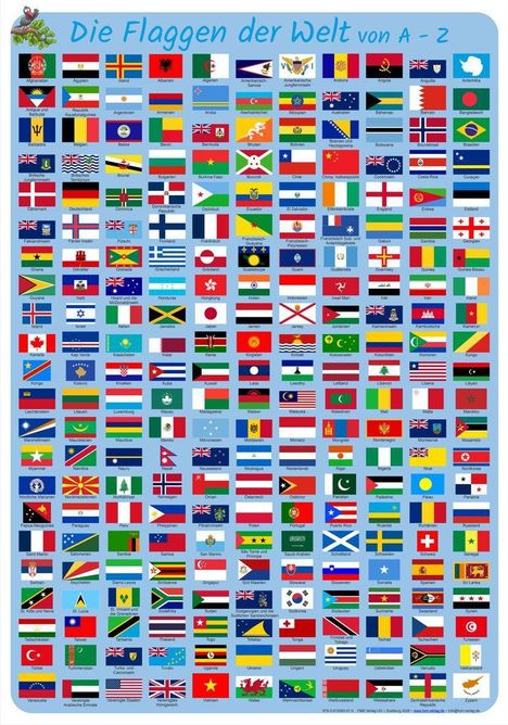 Illustration mit Text „Die Flaggen der Welt von A - Z“ über zahlreichen Länderflaggen.