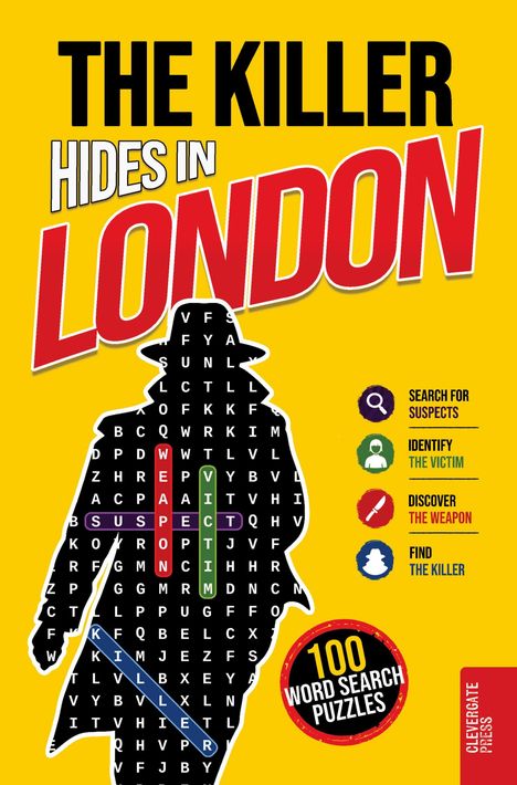 Großer gelber Hintergrund, Text: "The Killer Hides in London", Silhouette mit Wortsuche. Icons zeigen "Search for Suspects".
