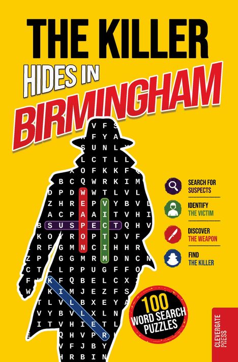 „THE KILLER HIDES IN BIRMINGHAM“ ist oben zu lesen. Silhouette mit Buchstabengitter zeigt Begriffe wie „WEAPON“, „VICTIM“.