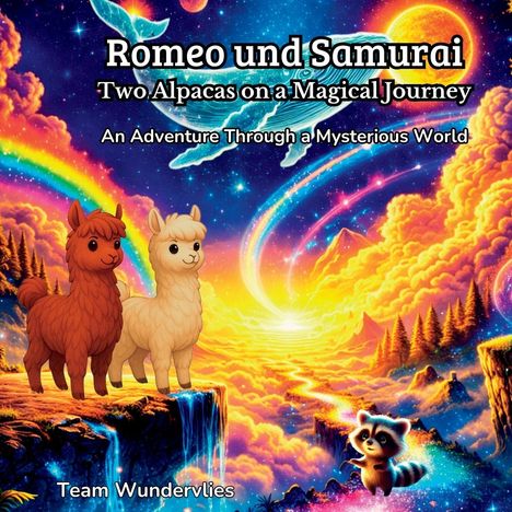Titel: "Romeo und Samurai: Two Alpacas on a Magical Journey". Zwei Alpakas und ein Waschbär stehen vor einer bunten Landschaft mit Regenbogen und Wasserfällen.