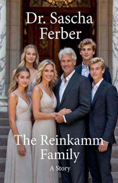 "Dr. Sascha Ferber, The Reinkamm Family: A Story." Eine lächelnde Familie in eleganter Kleidung vor einem großen Gebäude.