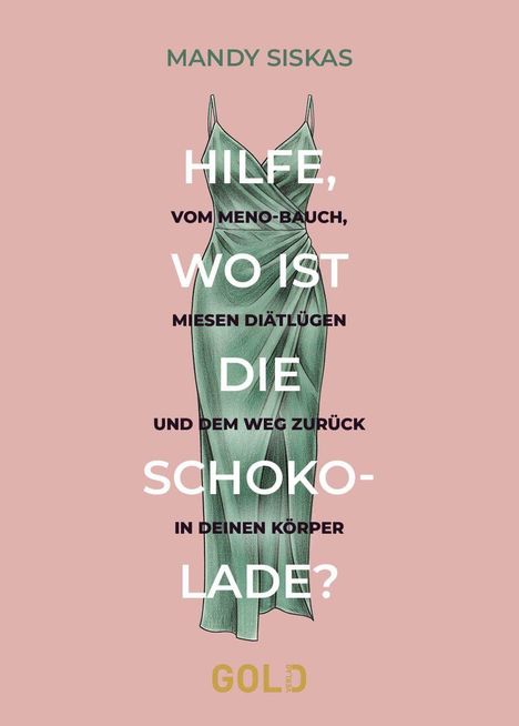 Titel: "Hilfe, wo ist die Schokolade?" Text mit grünem Kleid auf rosa Hintergrund.